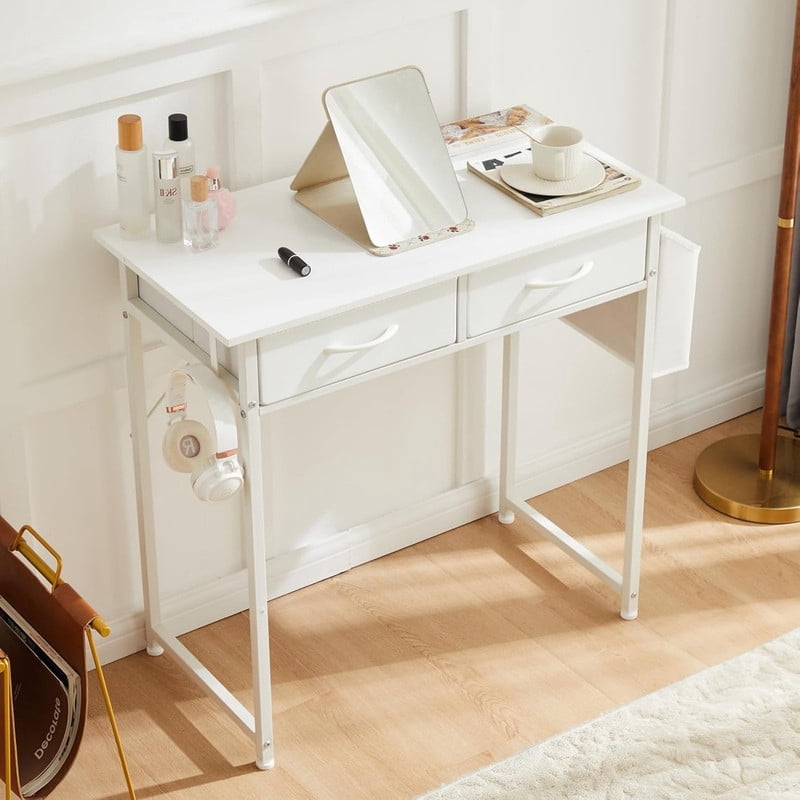 Kelno 32 Inch Computer Desk with 2 Fabric Drawer Storage Bag Iron Headphone Hook Vanity Writing Table, White