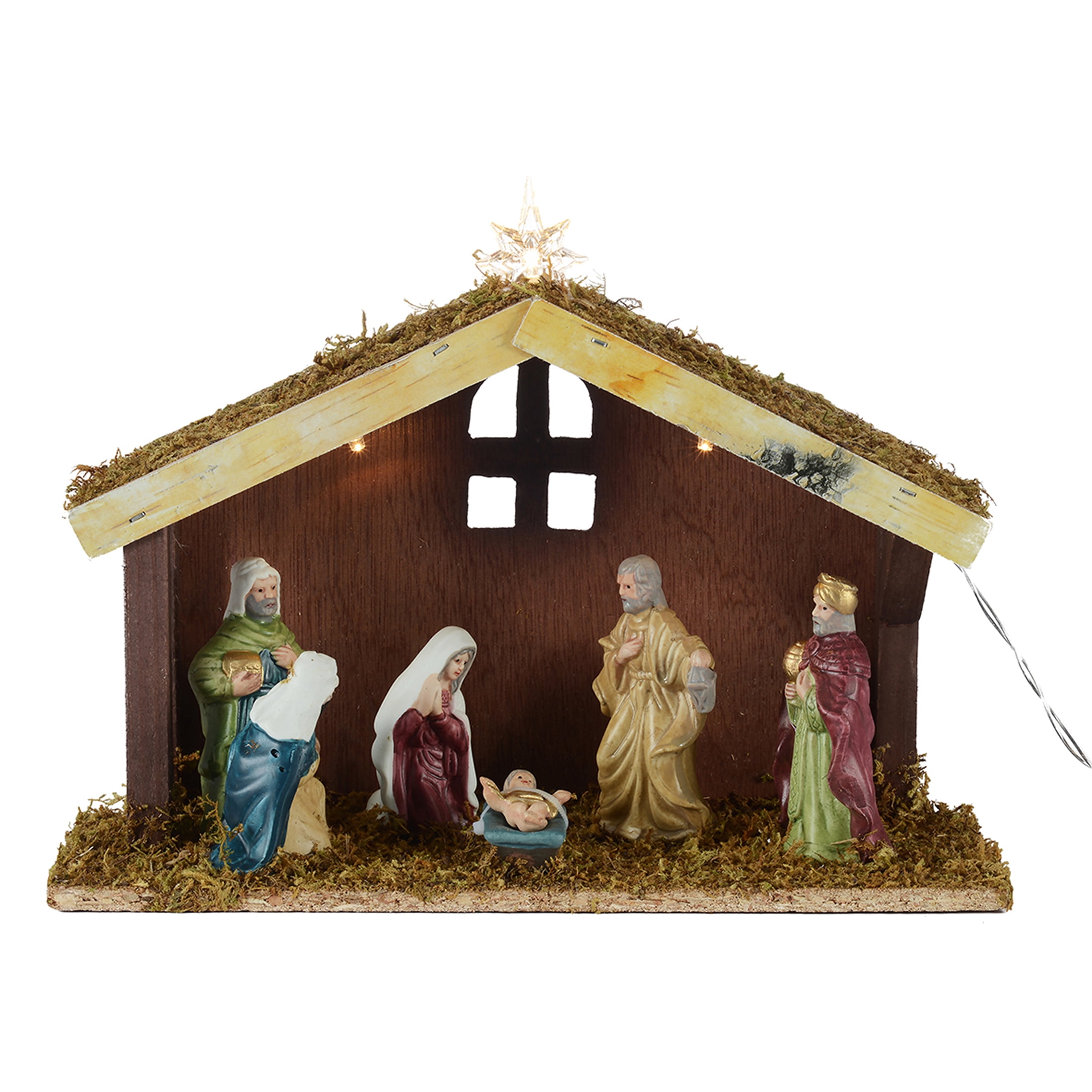 Holiday Time 8-Piece Battery Operated Porcelain Nativity Scene with Lighted Wooden Stable with 3 Warm White LED Lights