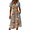 thumbnail image 4 of Halloween Dresses for Women Spider V Neck Ghost Funny Wedding Guest Dresses Witch Hat Short Sleeve Casual Wrap Dress M, 4 of 5