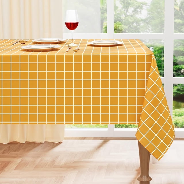 Rectangle Waterproof Fabric Table Cloth, Plaid Stain Resistant Polyester Tablecloth, Washable Cloth Table Cover for Fall Halloween Decor, Dining Room, Outdoor (60" x 84", Mustard Yellow)