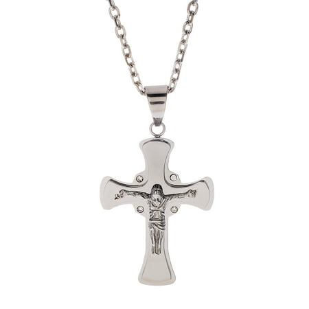 Celtic Religious Cross - Cubic Zirconia Silver-Tone Celtic Religious Cross Pendant Necklace in Stainless Steel