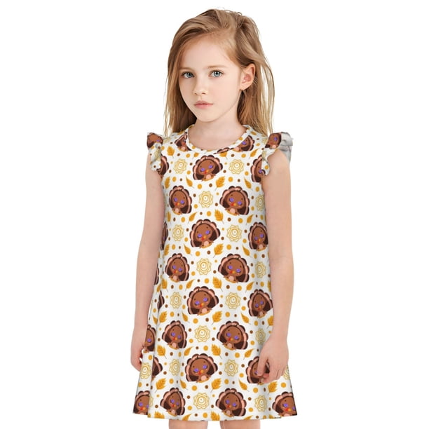 Fotbe Fall Turkey Vestido de Dormir para Niñas de 3 a 10 Años, Mangas Cortas, Estilo Princesa, Pijama Camisón con Mangas Voladas-X-Large