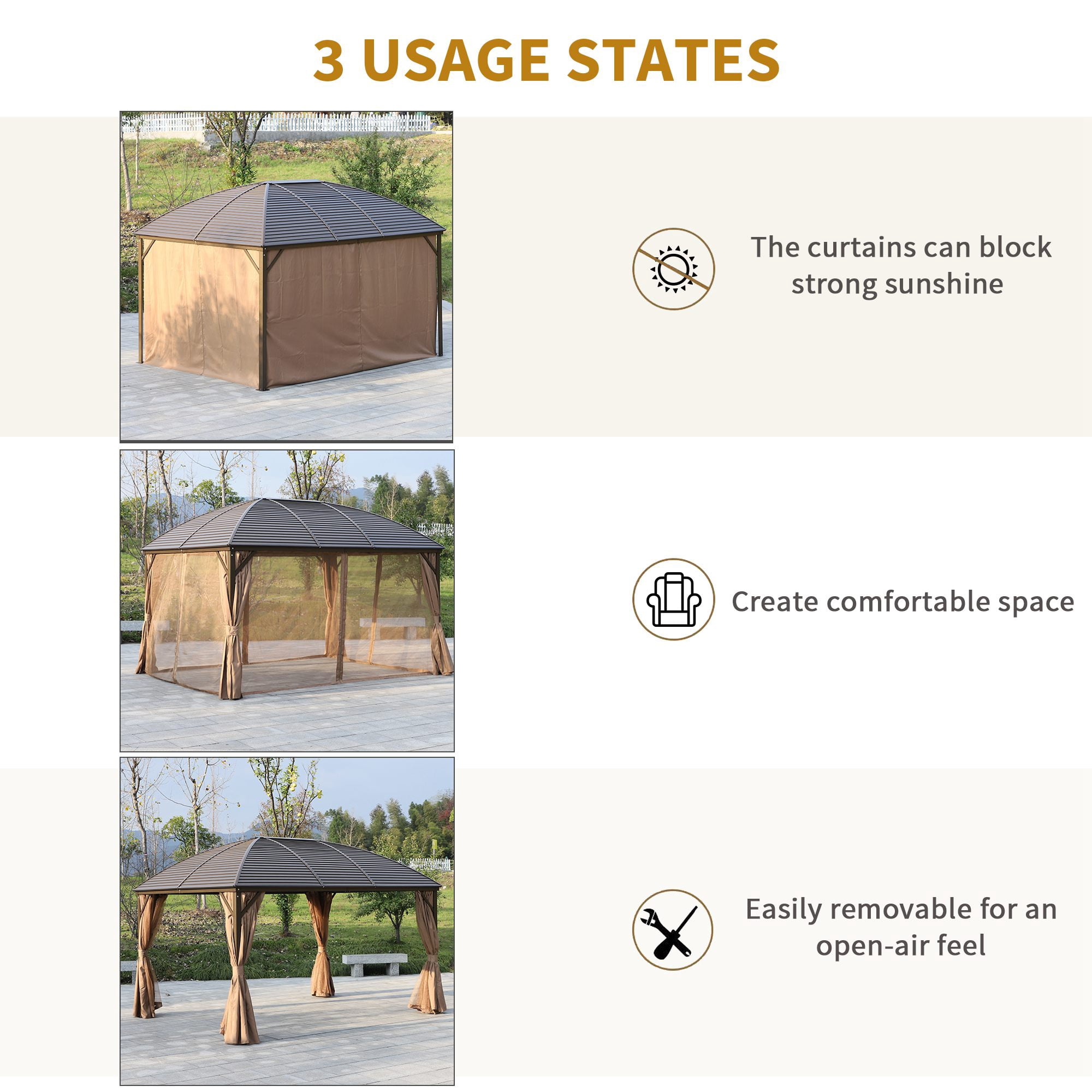 Outsunny 10' x 13' Hardtop Gazebo Canopy w/ Steel Roof, Sidewalls, Brown