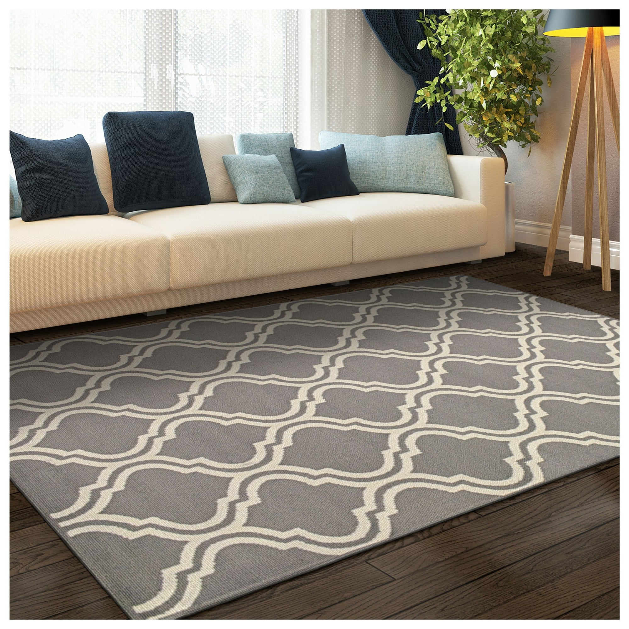 Contemporary Ornamental Double Trellis Power-Loomed Indoor Area Rug, Gray, 5' x 8'