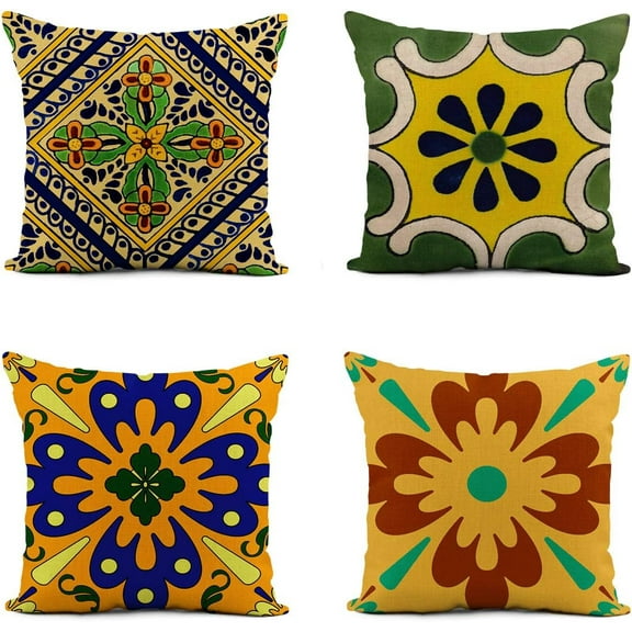 Set of 4 Linen Throw Pillow Cover 18x18 Inch Yellow Moroccan Talavera Blue Color Mexican Home Decor Pillowcase Square Cushion Cover for Sofa Bed Couch