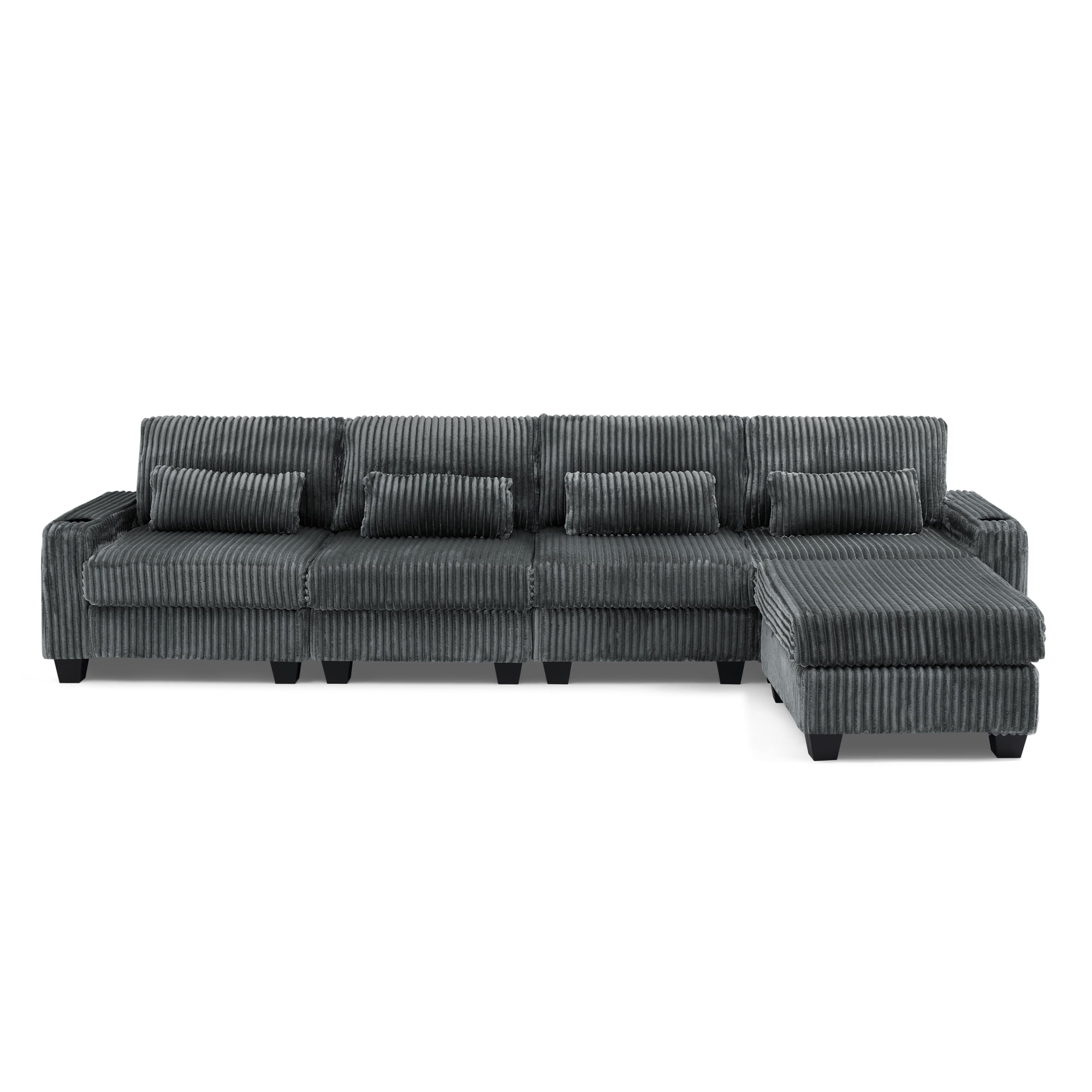Modular L-Shaped Sectional Sofa with Detachable Ottoman Footrest and Cup Holders, Corduroy 4-Seater Sofa Couch with Side Storage Pockets and Sturdy Plastic Support Feet for Living Room