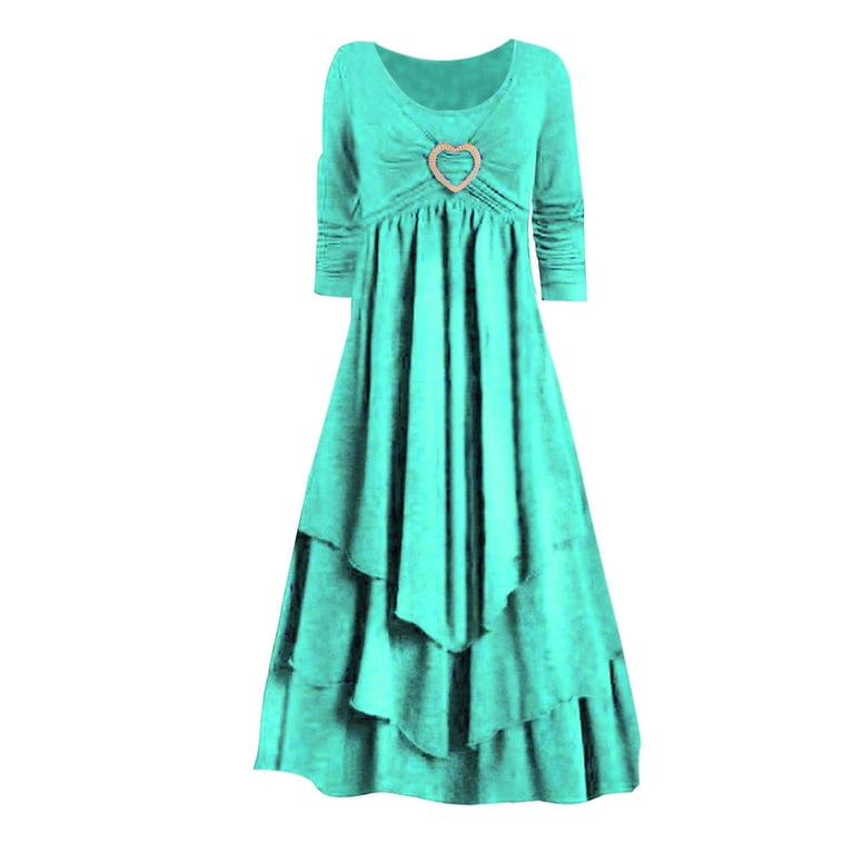 Rhuody Womens Dress Long Sleeve Dress Solid Color Crewneck Loose Flowy Ruched  Dresses Adorable Simple Clothes Green 2Xl - Walmart.com