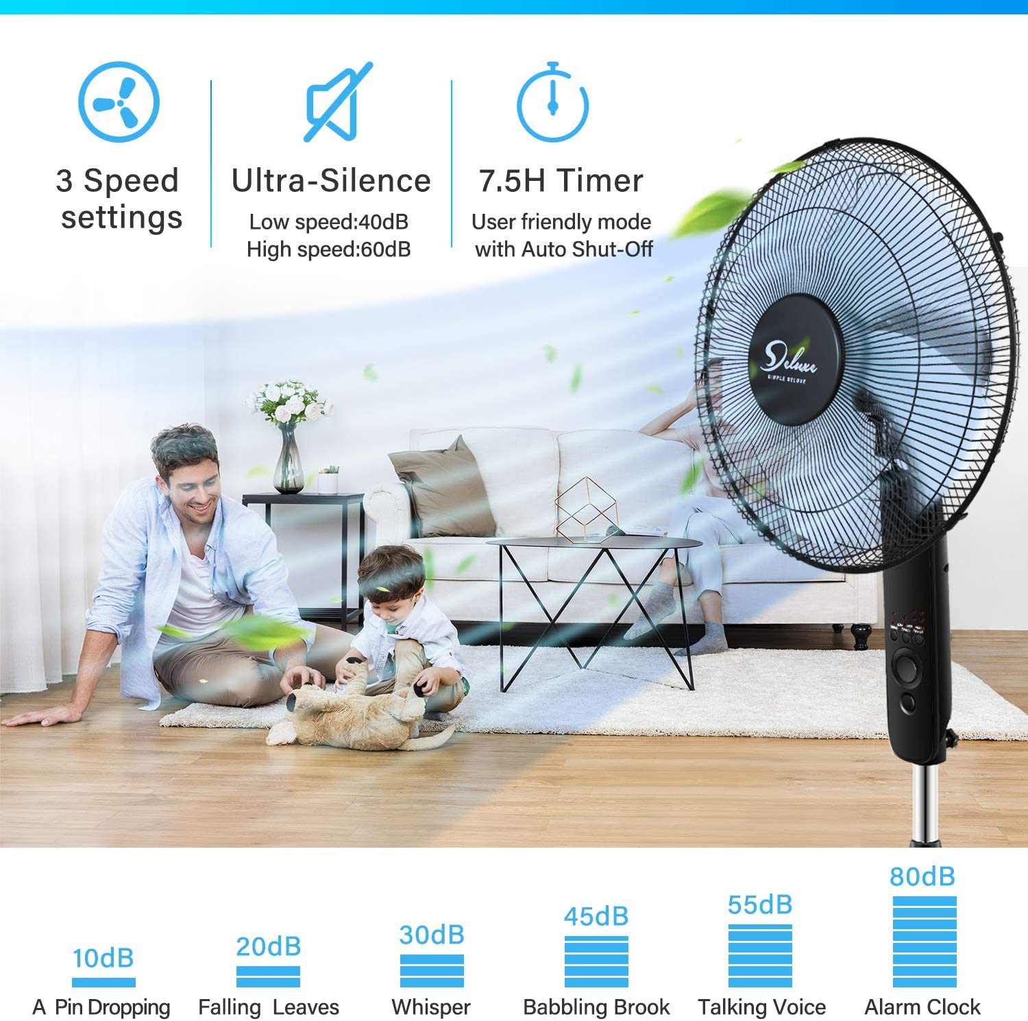 Simple Deluxe 16" Oscillating Stand Fan - 3-Speed Adjustable Pedestal Fan For Home/Office