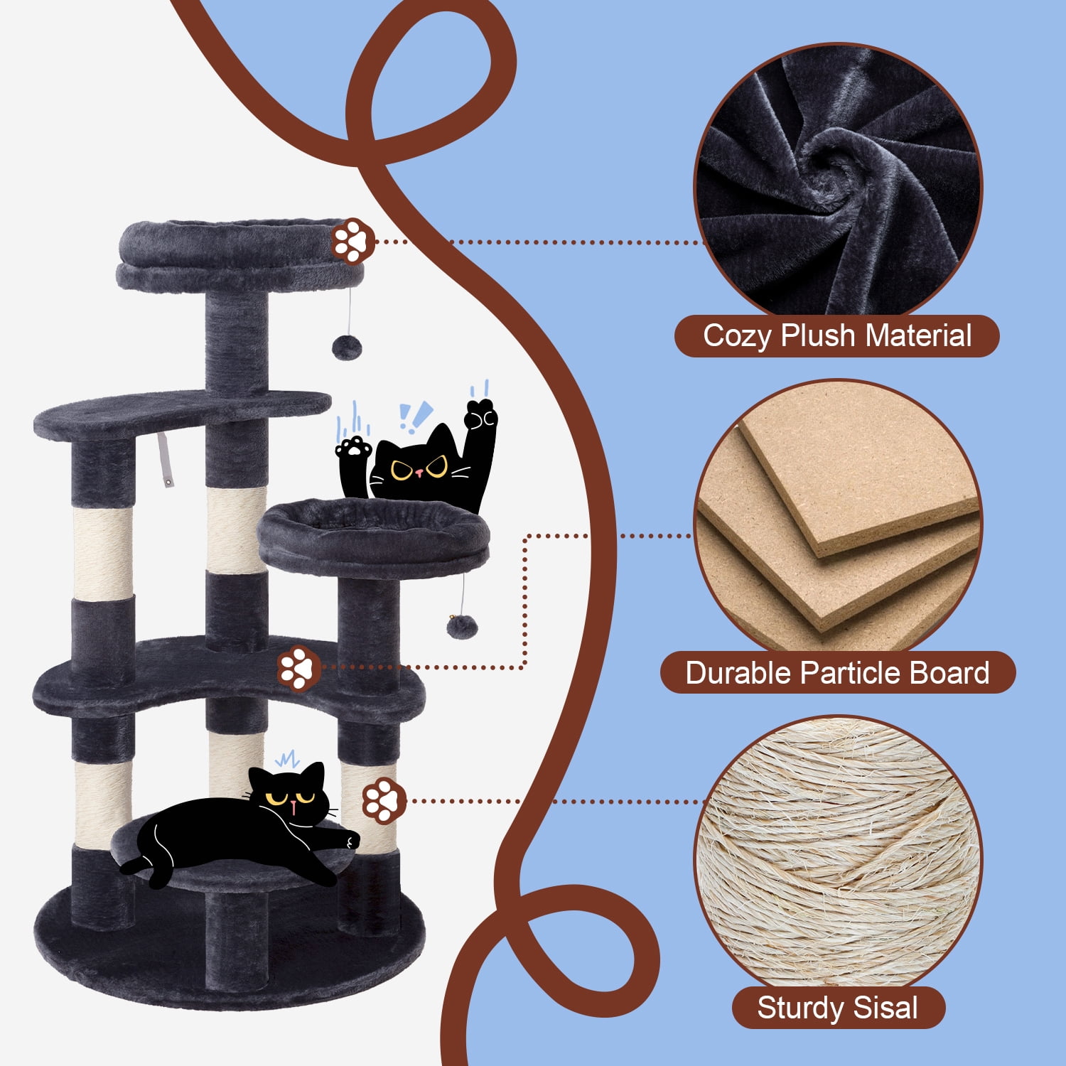 Amolife 55.5" Large Cat Tree and Tower with 5 Scratching Posts, Cat Perches for Indoor Cats and Kittens, Blue Gray