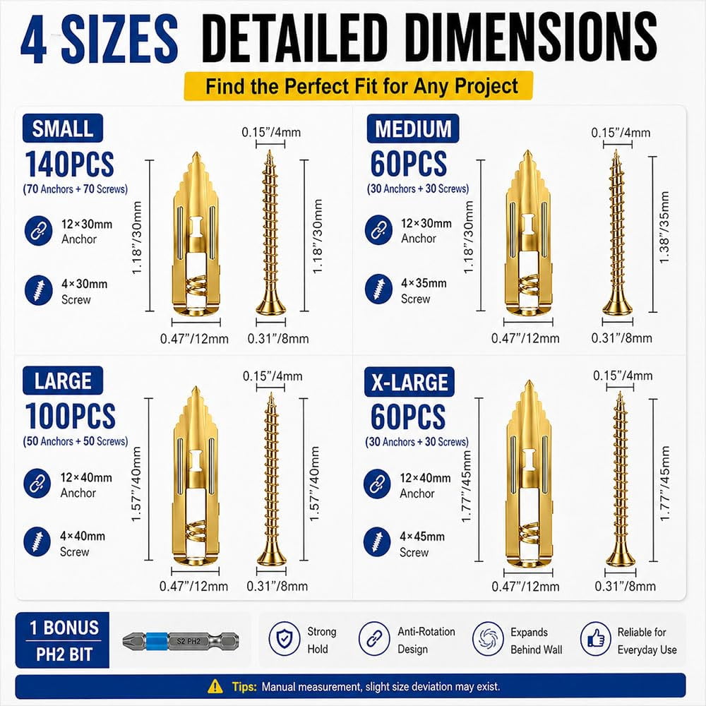 360PCS Self Drilling Drywall Anchors Heavy Duty, Self Drilling Drywall Anchors with Screws Kit, 4 Sizes Metal Dry Wall Anchors for Drywall Heavy Duty, Drywall Self Drilling Anchors with Screws