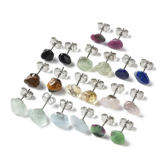 Raw Natural Gemstone Stud Earrings 304 Stainless Steel Earrings for Women 7~10x5~8mm