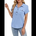 thumbnail image 3 of Camisas Casuales de Mujer con Botones, Corta, Solapa, Cuello en V, de Punto, Ropa de Playa con Bolsillos para Vacaciones. Azul M, 3 of 10
