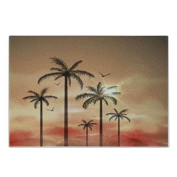 Tropical Cutting Board, Palm Trees with Dramatic Sky Clouds and Gulls Exotic Display Art, Decorative Tempered Glass Cutting and Serving Board, Small Size, Coral Salmon Brown, by Ambesonne
