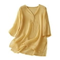 thumbnail image 3 of Cotton Linen Tops for Women 2023 Dressy Casual V Neck Flowy Split Hem Blouse Loose Fit 3/4 Sleeve Beach T Shirts, 3 of 6