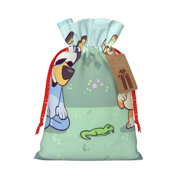 Masiiu Bluey Print Christmas Gift Bag, Burlap Drawstring Pouch with Kraft Paper Card for Holiday, Party, and Birthday Wrapping-Small