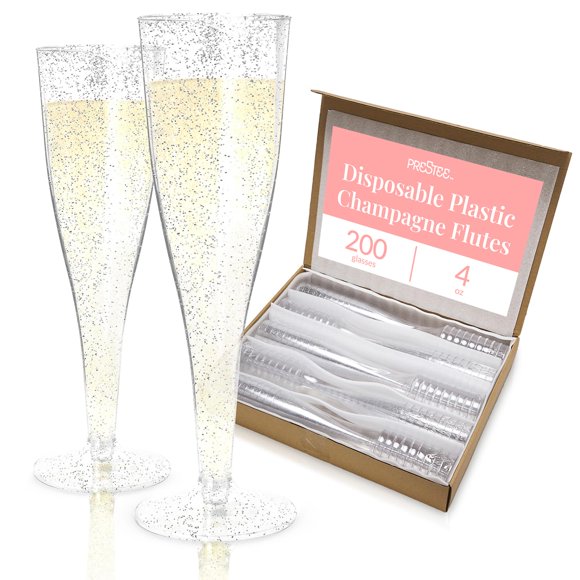 Prestee 200 Disposable Champagne Flutes Plastic 200 Pack - Silver Glitter Champagne Flutes for Weddings, Parties, and New Yearâs Eve - 4.5 Oz Plastic Silver Party Glasses
