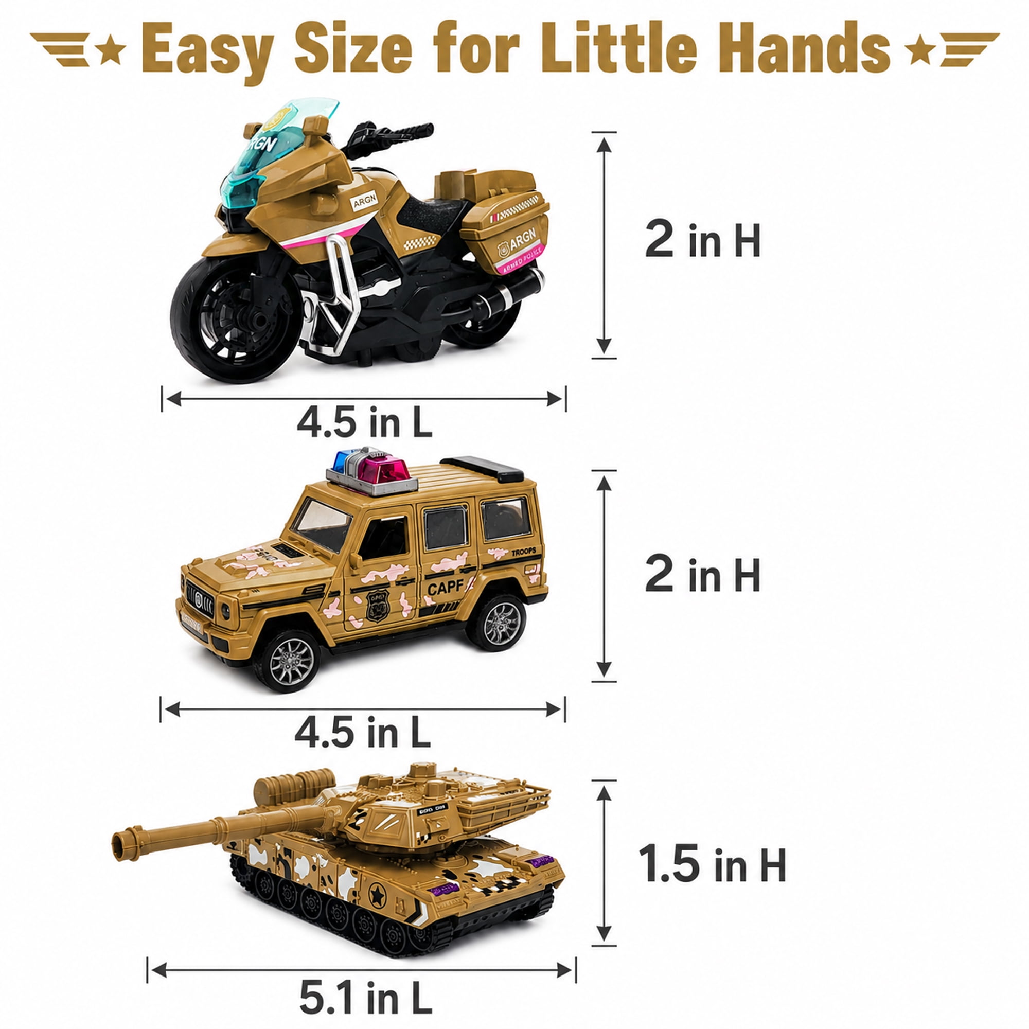Friction Powered Vehicle Toys 3 Pack, Camouflage Tank Jeep Motorcycle Toy Set for Kids Ages 3+, No Battery Toy Cars, Birthday Gift