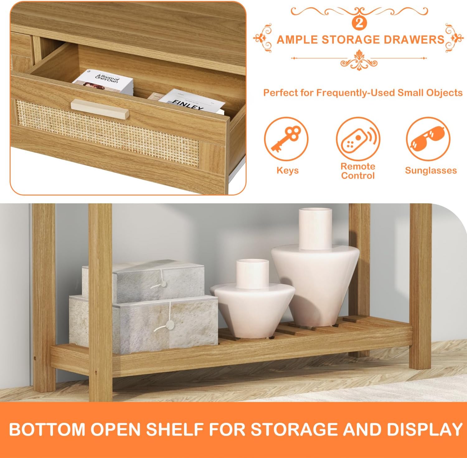 AODAILIHB Wooden Console Sofa Table，Rattan Entryway Table with 2 Drawers and Storage Open Bookshelf
