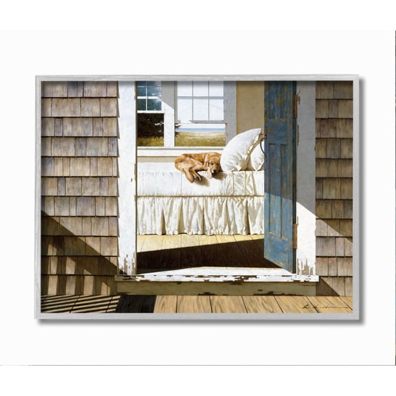 Stupell Industries Dog Nap at Cape House Realistic Coastal Painting Framed Wall Art Design by Zhen-Huan Lu, 11" x 14", Gray Framed