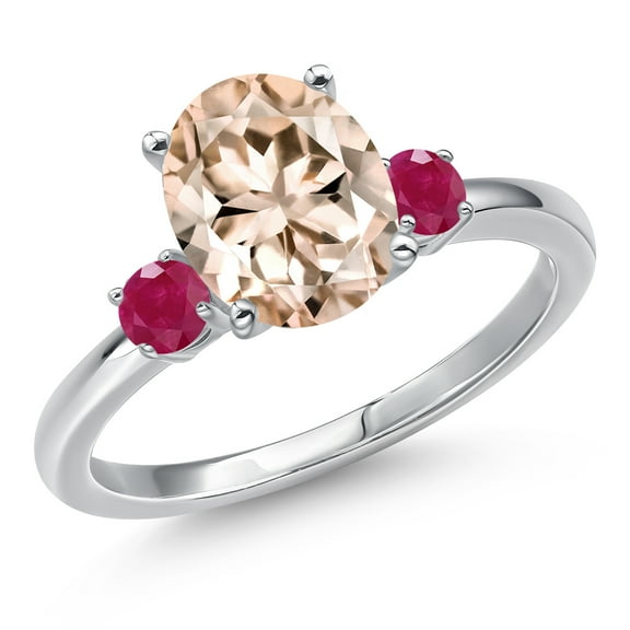 Gem Stone King 14K White Gold Peach Morganite and Red Ruby Engagement Ring for Women | 2.31 Cttw | Oval 10X8MM | Gemstone October Birthstone | Size 5