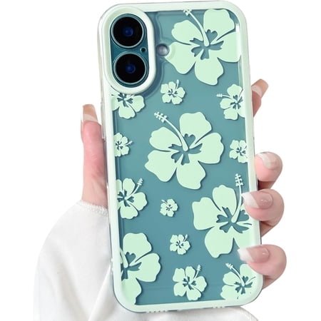 Compatible for iPhone 16 Case Clear Cute Floral Flower Hibiscus with Color Edge Design for Girls Women Soft TPU Shockproof Protective Girly for iPhone 16 Case-Green