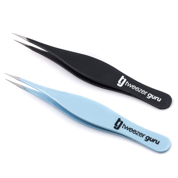 Pinzas puntiagudas Tweezer Guru - Punta de punta de aguja de precisión afilada, las mejores pinzas para cejas y cabello encarnado, punta quirúrgica para puntos negros y astillas (azul cielo y negro)