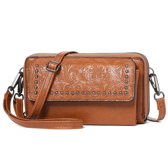 Women's Mini Crossbody Phone Bag, PU Floral Embossed Wristlet Wallet with Detachable Strap