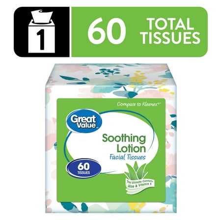 Great Value Soothing Lotion Facial Tissues, 1 Cube, 60 Tissues per Cube, 3-Ply, Compare to Kleenex®