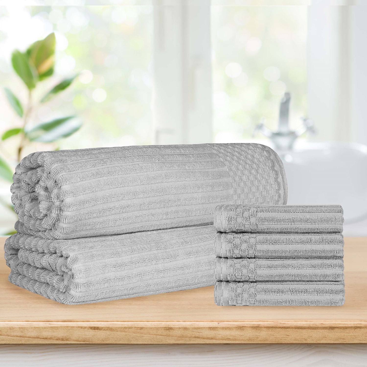 Superior Ribbed Cotton 6-Piece Silver Bath Sheet/ Hand Towel Set