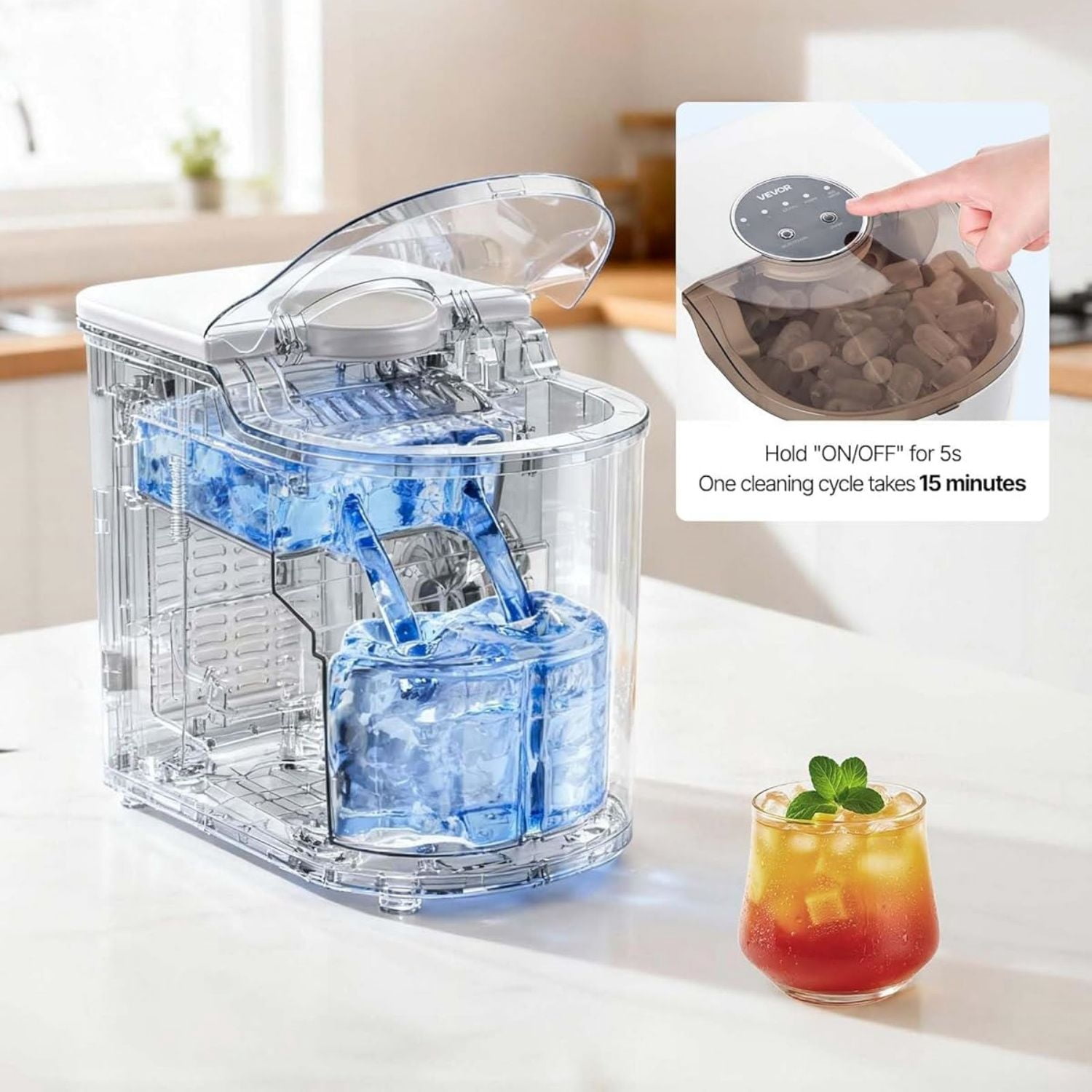Countertop Ice Maker, 7 Cubes Ready in 6 Mins, 26 lbs per Day, Self-Cleaning Portable Machine with Ice Scoop, Ice-Making Machine with 2 Sizes for Home, Kitchen, Office, Bar & Party