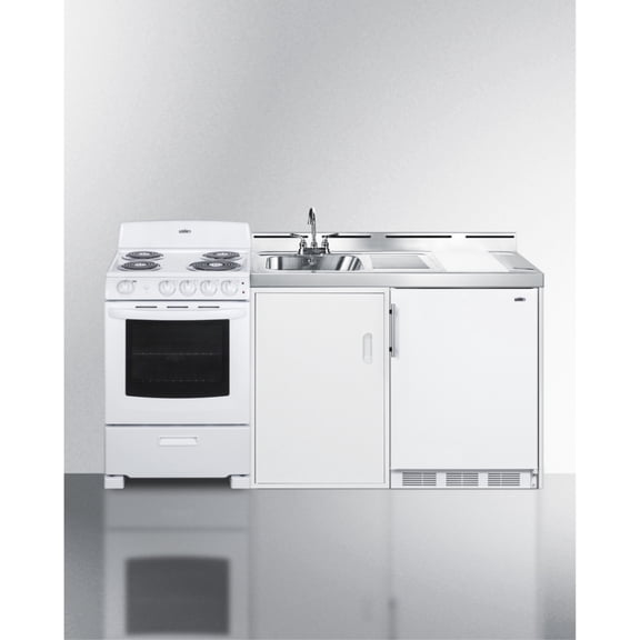 All-in-one combination kitchenette with refrigerator-freezer, sink, storage cabinet, and coil range