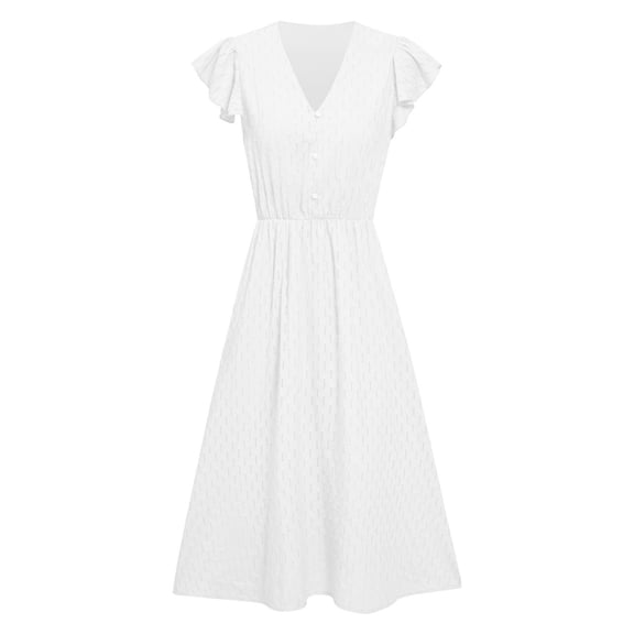 JBXKXYW Dress For Women Women Solid Color Short Sleeve Flutter Sleeve V Neck Buttoned Dress Womens Dresses(White,S)