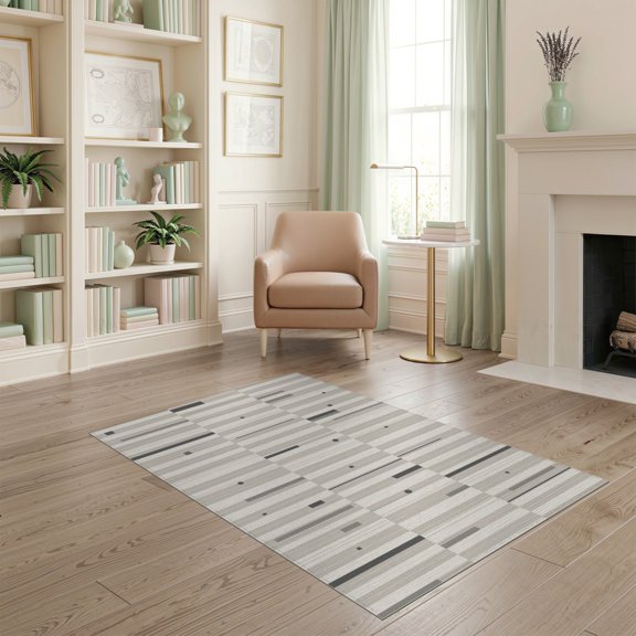 ODIKA 4'x6' Gray Ivory Geometric Design Washable Area Rug Modern Abstract Lines with Stone Accents for Dorm Room, Small Living Stain Resistant Low Profile, Easy Care