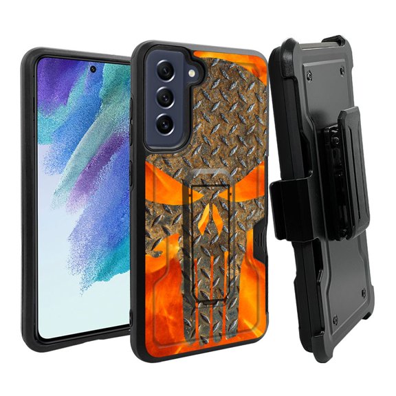 ANJ  Rugged Dual Layer Hybrid Holster Kickstand Case w/ Card Slot   Tempered Glass Cover for Samsung Galaxy S21 FE 5G - Fiery Rustic Plate Skull