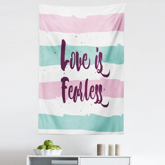 Romantic Tapestry, Love is Fearless Inspirational Inscription on Pastel Color Bands, Fabric Wall Hanging Decor for Bedroom Living Room Dorm, 5 Sizes, Mint Green Pale Pink, by Ambesonne