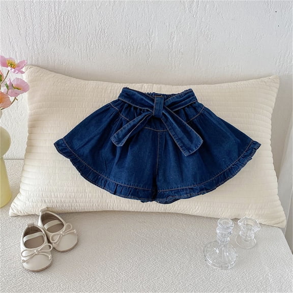 Xijirk Girls Denim Skort Elastic Waist with Large Bow and Ruffle Casual Summer Wear,7-8 Years