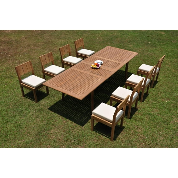 Grade-A Teak Dining Set: 8 Seater 9 Pc: 118" Double Extension Rectangle Table And 8 Veranda Armless Chairs Outdoor Patio WholesaleTeak #WMVR37