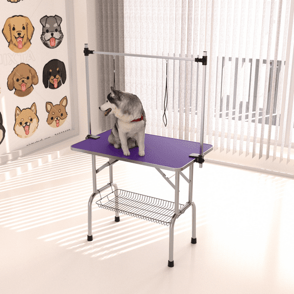 Folding Dog Pet Grooming Table Stainless Steel Frame Rubber Mat on Board with Adjustable Arm and Clamps pet dog Cat Grooming Table (PURPLE COLOR)