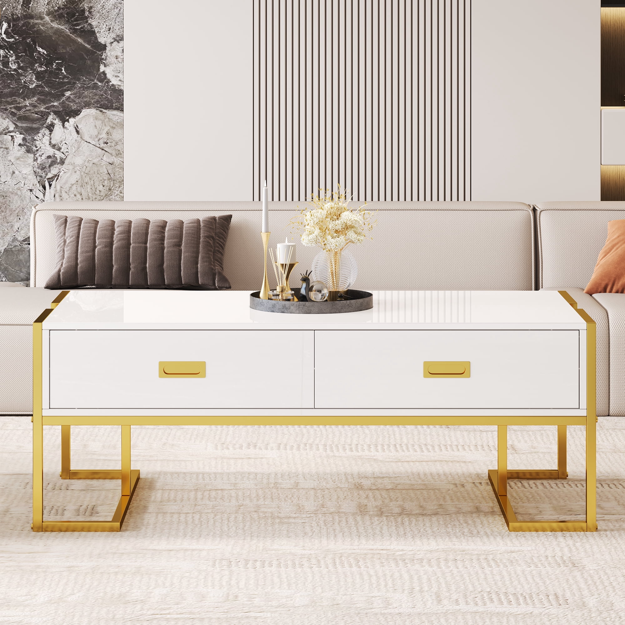 Euroco Modern White Rectangular Coffee Table with 4 Drawers and Gold Base in 47.3"