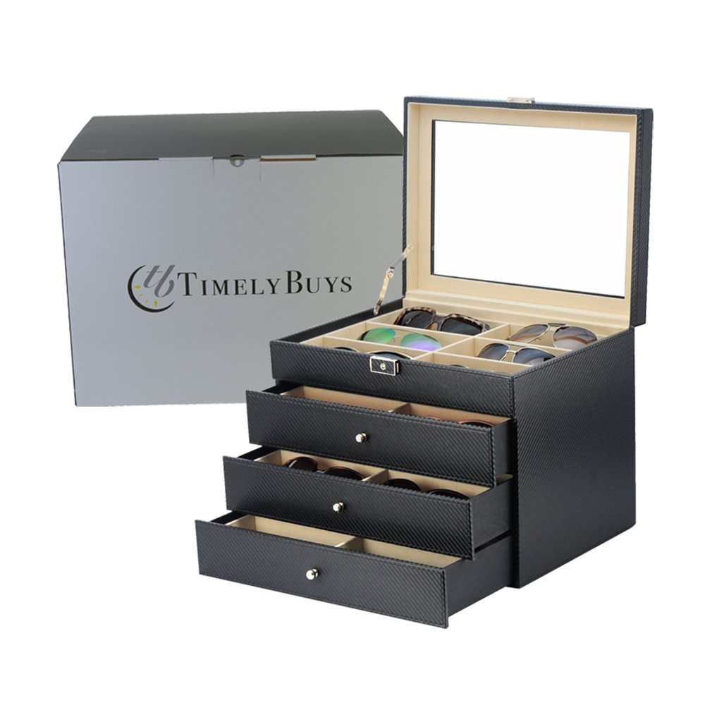 Timelybuys 24 Piece Black Carbon Fiber Eyeglass Display Case for Oversized Sunglasses