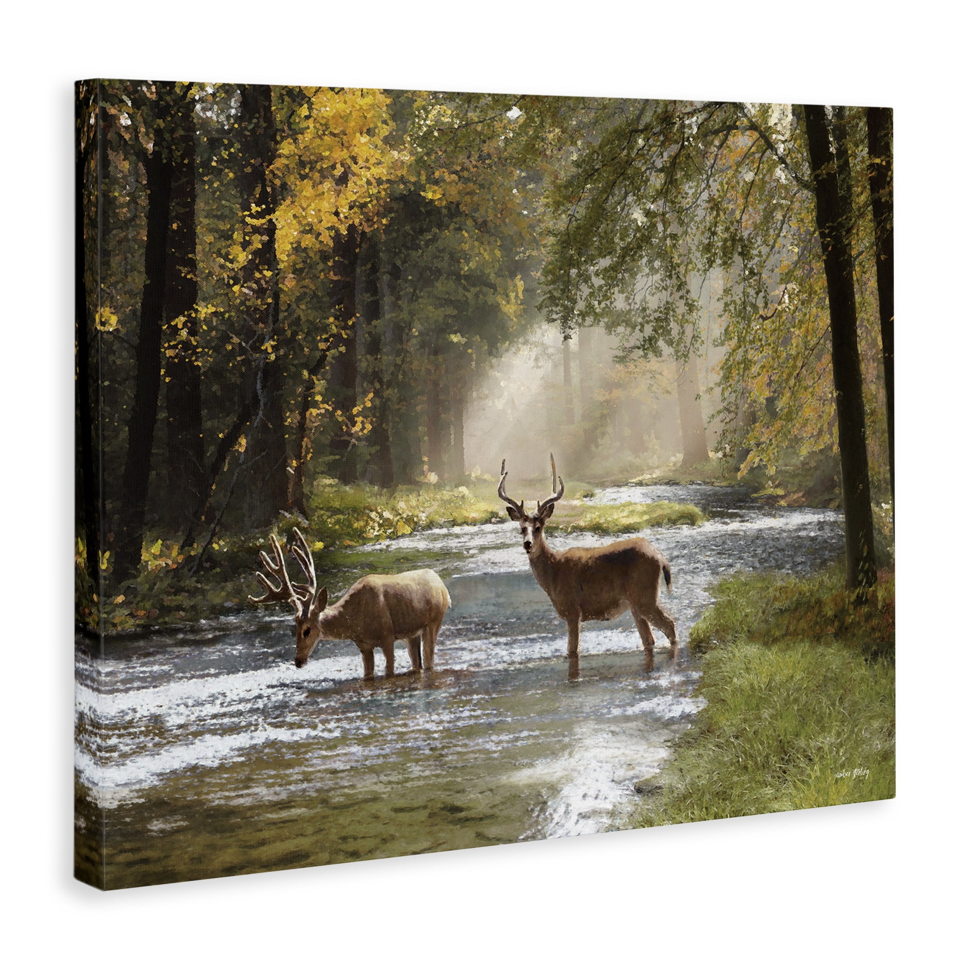 Stupell Industries Deer Grazing in Creek Landscape Painting Gallery Wrapped Canvas Art Print Wall Art, 40 x 30