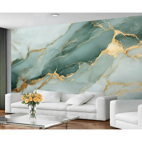 Luxury Marble Custom Mural- Green Gold Texture Wallpaper, Modern Abstract Large Murals For Living Room Bedroom, Marble Murals 55"W x 28"H (Not Peel and Stick)