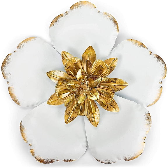 RAZ Imports Metal Flower Wall Decoration Creamy White Goldstone Embellished 9.5" x 9.5"