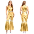 thumbnail image 5 of YiZYiF Womens Metallic Shiny 70s 80s Disco Outfit V neck Sleeveless Bell Bottom Dance Jumpsuit Gold 3XL, 5 of 6