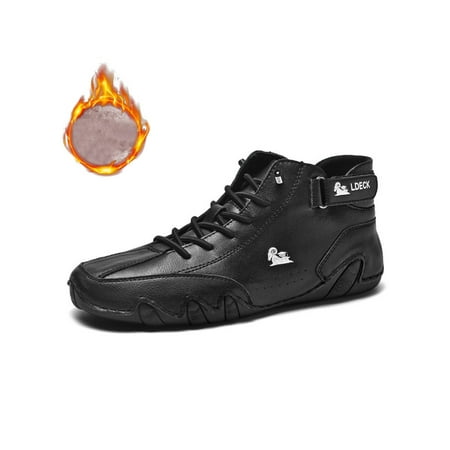 

UKAP Mens Breathable Ankle Boot Driving Non Slip Dress Round Toe Flats Black Leather Upper Plush Lined 10.5