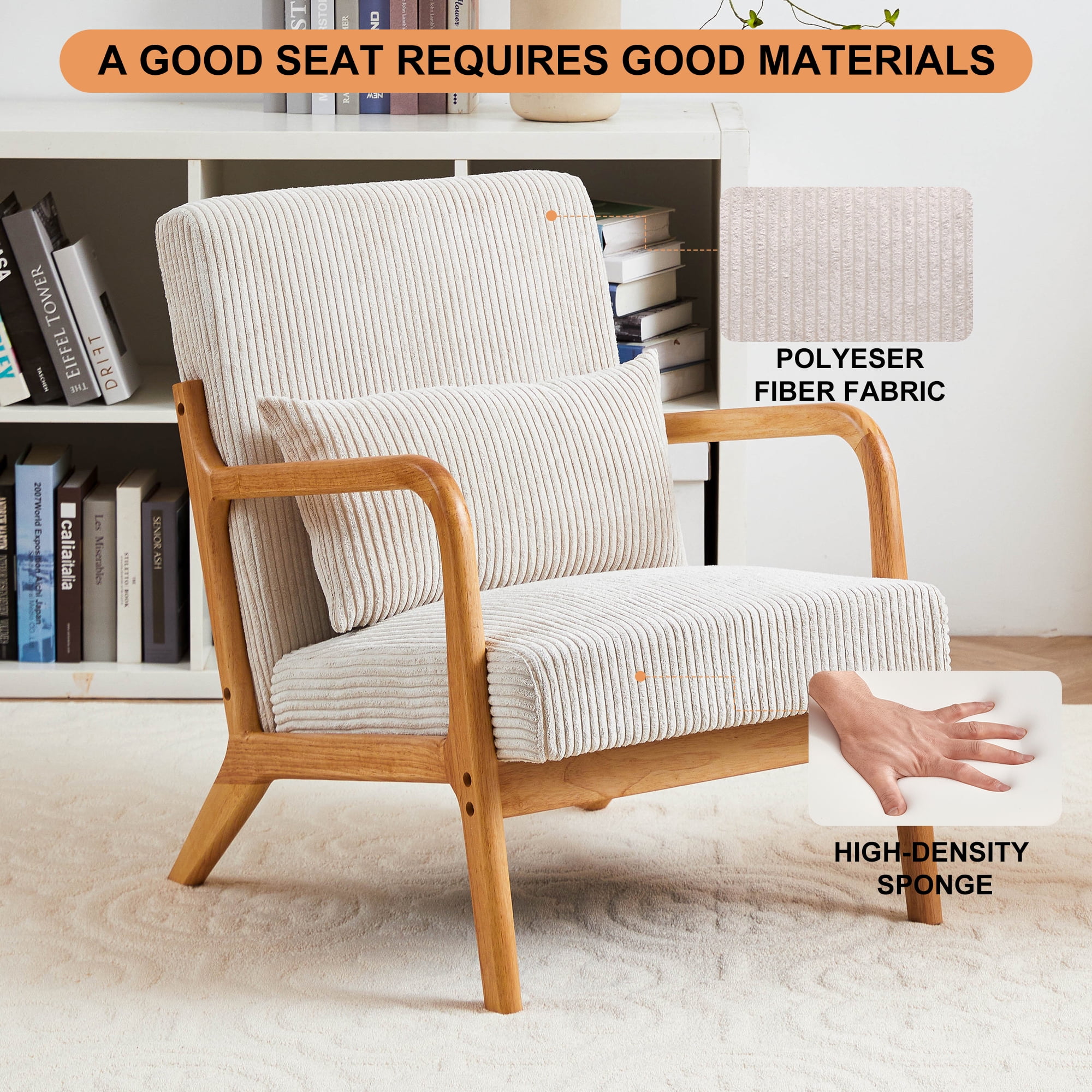 Leumius Modern Arm Chair Upholstered Reading Accent Chair with Pillow & Solid Wood Frame for Living Room Bedroom,Beige 02