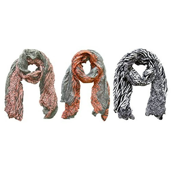 Peach Couture All Seasons Retro Zebra and Leopard Mix Animal Print Crinkle Beautiful Scarf wrap 3 Pack Pink Salmon Black