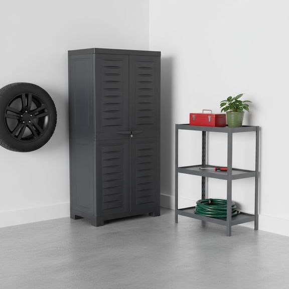 HomeRoots 668935 49 in. Dark Gray Heavy Duty Plastic Locking 2 Door Utility Cabinet