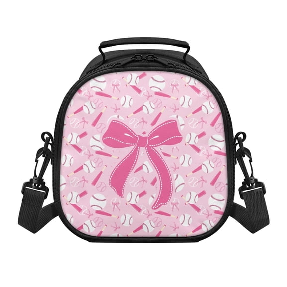 Pzuqiu Pink Baseball Bow Pattern Meticulous Edge Sewing Kids Lunch Bag, Polyester Adjustable Crossbody Strap Kids Insulated Lunch Bag for Outdoor Travel