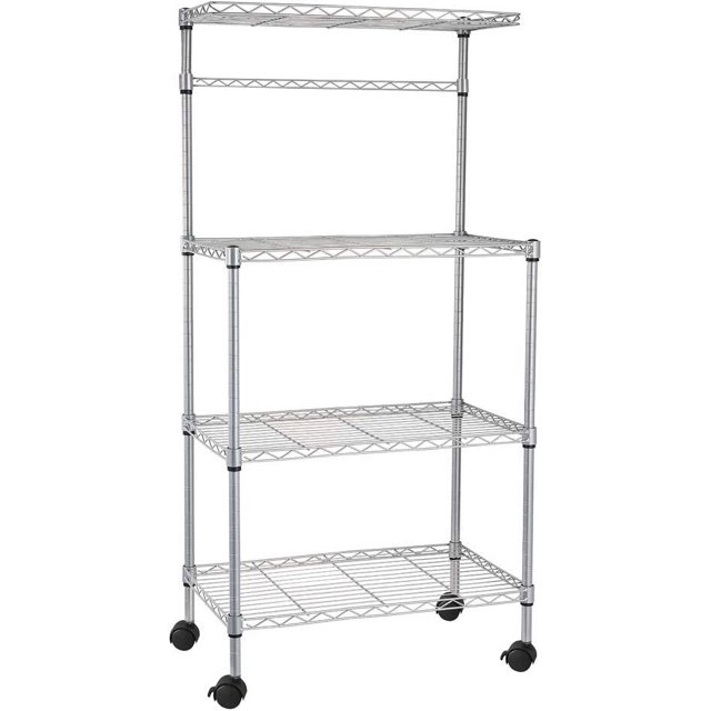 Kitchen Baker's Rack with Rolling Wheels, Kitchen Microwave Stand Kitchen Storage Shelf Rack Coffee Bar Table, Kitchen Bakers Rack Rolling Microwave Oven Cart Storage Rack Shelving Unit Organizer